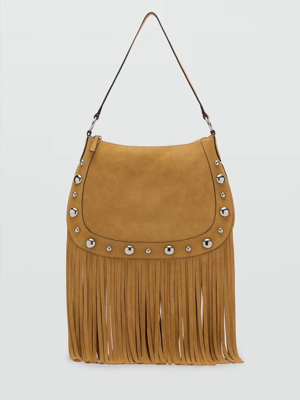 Mango Fringe Suede Hobo Bag in Camel